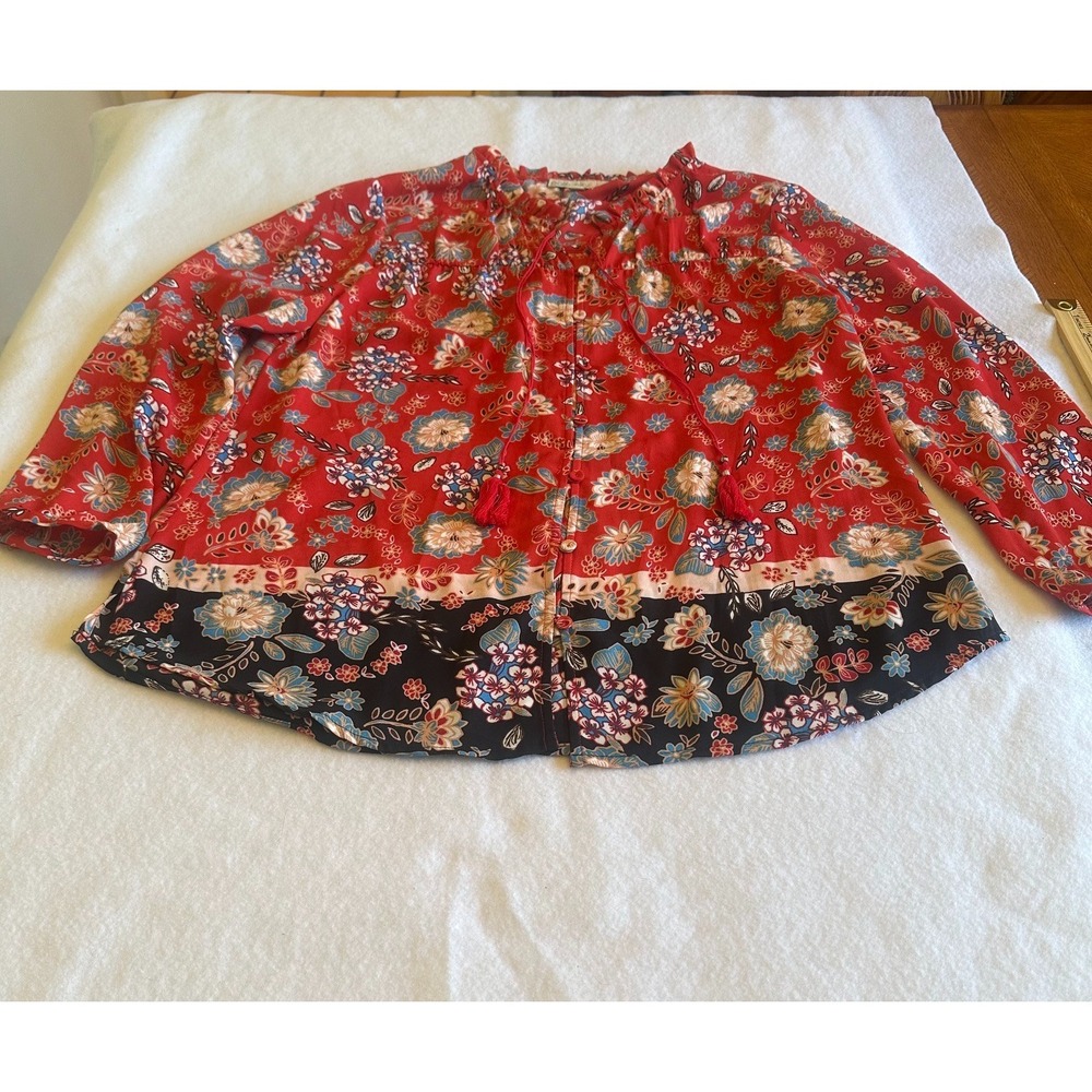 Pale Sky Womens Red Floral Boho Blouse Peasant Tunic Tassel Ruffle Top Size M